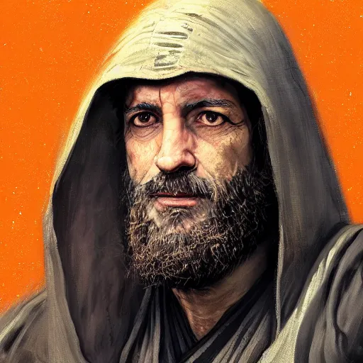 Prompt: portrait of a man by Greg Rutkowski, a Jedi Master in his 60s, Arab features and olive skin, long black hair and beard, wise appearance, orange robes, Star Wars Expanded Universe, he is about 60 years old, highly detailed portrait, digital painting, artstation, concept art, smooth, sharp foccus ilustration, Artstation HQ