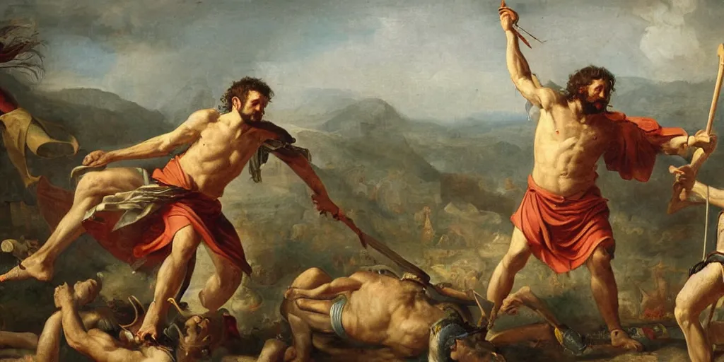 Image similar to high quality high detail painting, of david killing giant goliath