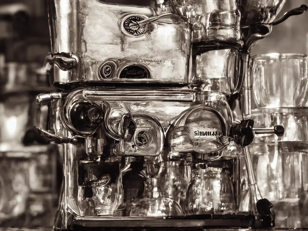 Image similar to wide angle by simon stalenhaag, photography of a historic coffee machine, by louis daquerre, product photography, small depth of field, fresh colors, 4k, highly detailed, trending on artstation