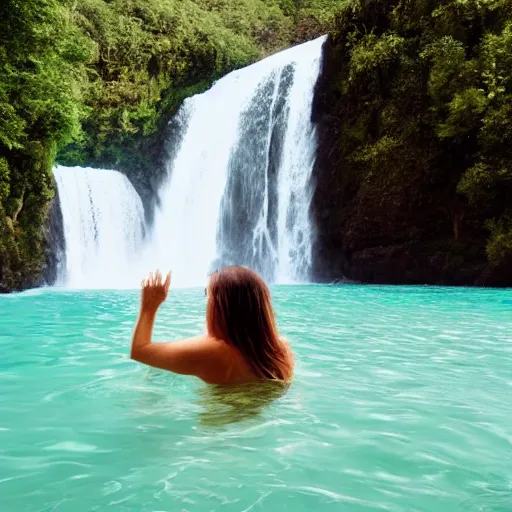 Image similar to beautiful woman swimming under a waterfall