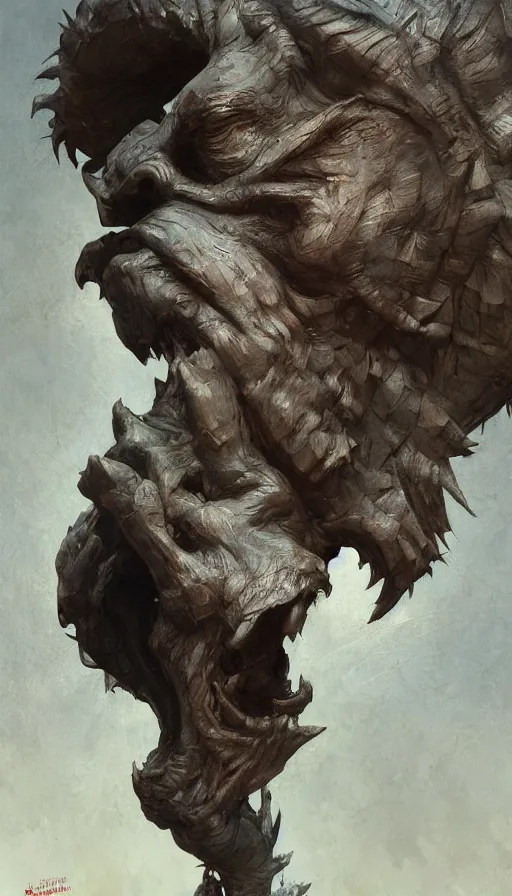 Image similar to wooden gargoyle profiles, paint texture, digital painting, highly detailed, artstation, sharp focus, sunlit, painted by ruan jia, raymond swanland, lawrence alma tadema, zdzislaw beksinski, norman rockwell, jack kirby, tom lovell, alex malveda, greg staples