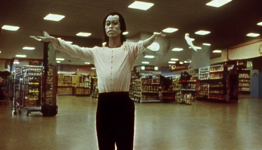 Image similar to 7 0 s film still from a horror movie featuring a person practicing qi gong in the middle of a grocery store, kodachrome, cinecolor, cinestill, photorealism, cinematic, film grain, film texture, vhs recording