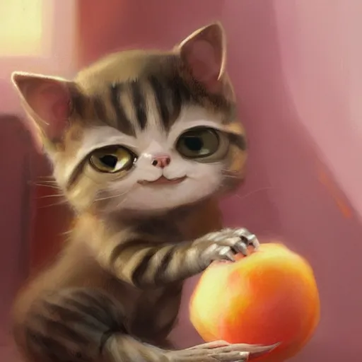 Image similar to An adorable gremlin cat stealing a peach, by Stanley Artgerm Lau, WLOP, Rossdraws, James Jean, Andrei Riabovitchev, Marc Simonetti, and Greg Rutkowski, trending on artstation