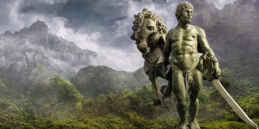 Image similar to A giant marble statue of a warrior in the middle of a green valley between the mountains, detailed digital matte painting