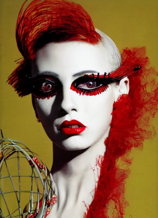 Image similar to an 8 0 s portrait of a woman with dark eye - shadow and red lips with dark slicked back hair, a high fashion mask made of wire and beads, dreaming acid - fueled hallucinations, psychedelic by serge lutens, rolf armstrong, delphin enjolras, peter elson, red cloth background, frilled blooming collar, alexander mcqueen