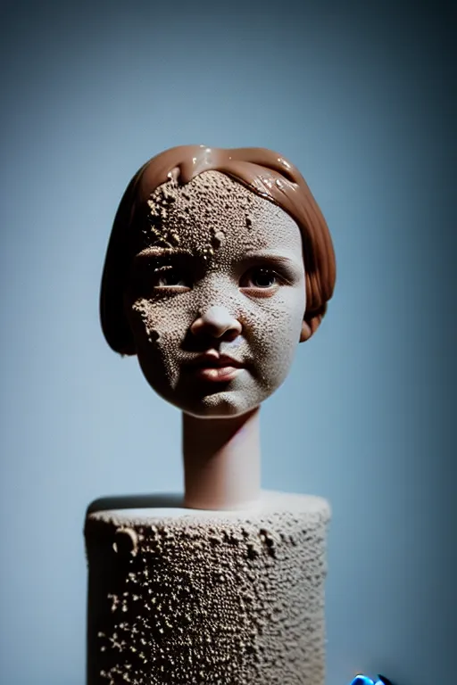 Prompt: portrait of a girl made by wet clay filing drop, ice - carving, editorial photography, film grain, isometric, f / 2 2, low contrast, kodachrome, 3 - dimensional, 4 k, hsv, quaternary, 6 spotlight, nixie tube, matte, dirt, mud, clay