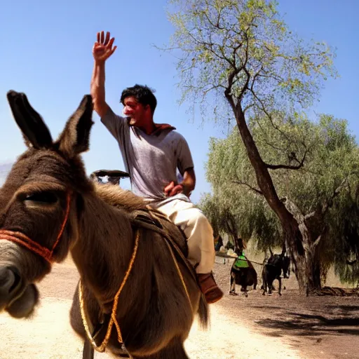 Prompt: man riding a donkey in lava chased by pretty woman