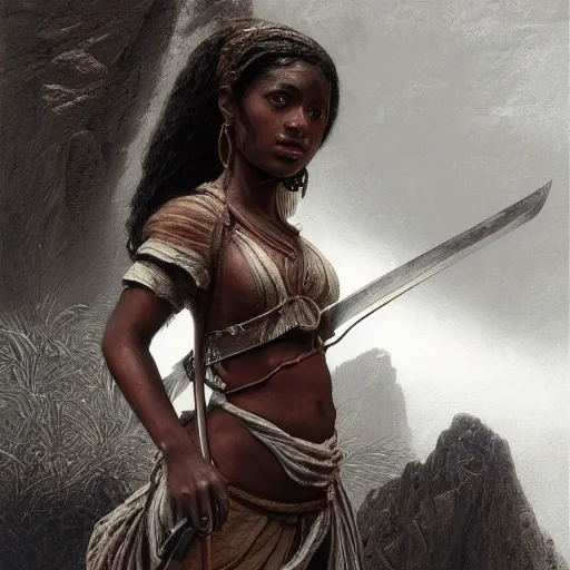 Image similar to artstation concept of a beautiful girl holding a sword in both hands, brown skin, sweaty skin, symmetrical face, casual white garment, brown canyon background, shiny colorful, hyperdetailed, artstation trending, world renowned artists, worth1000.com, historic artworks society, antique renewel, cgsociety, by greg rutkowski, by Gustave Dore, Deviantart