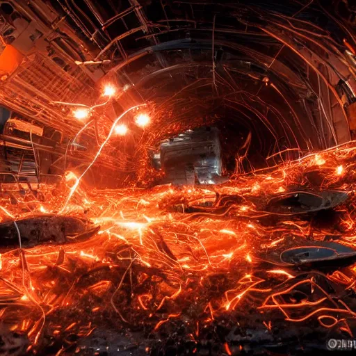 Image similar to overcharging toaster oven, tangles of metallic cables, dark messy smoke - filled cluttered workshop, dark, dramatic lighting, orange tint, sparks, plasma charges, cinematic, highly detailed, sci - fi, futuristic, movie still