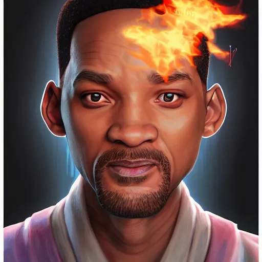 Image similar to portrait of will smith the mage of flame slaps, anime fantasy illustration by tomoyuki yamasaki, kyoto studio, madhouse, ufotable, square enix, cinematic lighting, trending on artstation