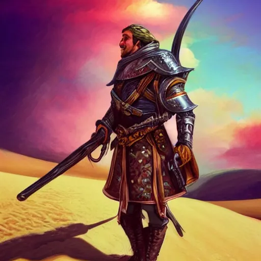 Image similar to a man holding a large blunderbuss. leather armor, no helmet. standing in a sand dune. colorful, bright, fantasy, artgerm, dnd, fantasy, rpg