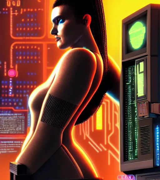 Image similar to cable plugged into cyberdeck, back of head, cyberpunk woman, computer, 1 9 7 9 omni magazine cover, style by vincent di fate, cyberpunk 2 0 7 7, 4 k resolution, unreal engine, daz