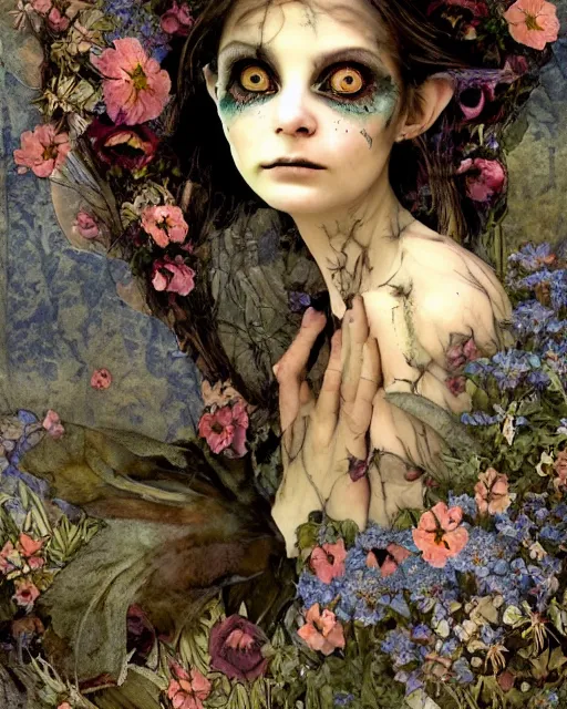 Prompt: a pretty but sinister and creepy faery goblin in layers of fear decoupage, with haunted eyes, violence in her eyes, 1 9 7 0 s, seventies, delicate embellishments, a little blood, woodland, blue dawn light shining on wildflowers, painterly, offset printing technique, by walter popp, alexandre cabanel