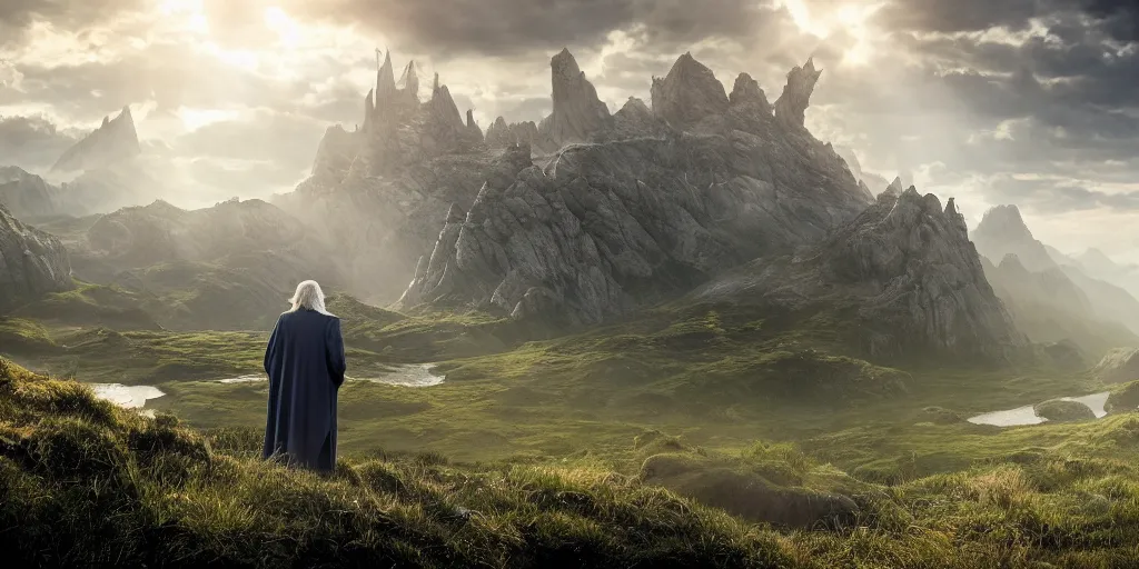 Prompt: a beautiful wide shot of donald trump being gandalf, the panorama of middle earth in the background, intricate detail, god rays, photography, volumetric light, cinematic, 8 k