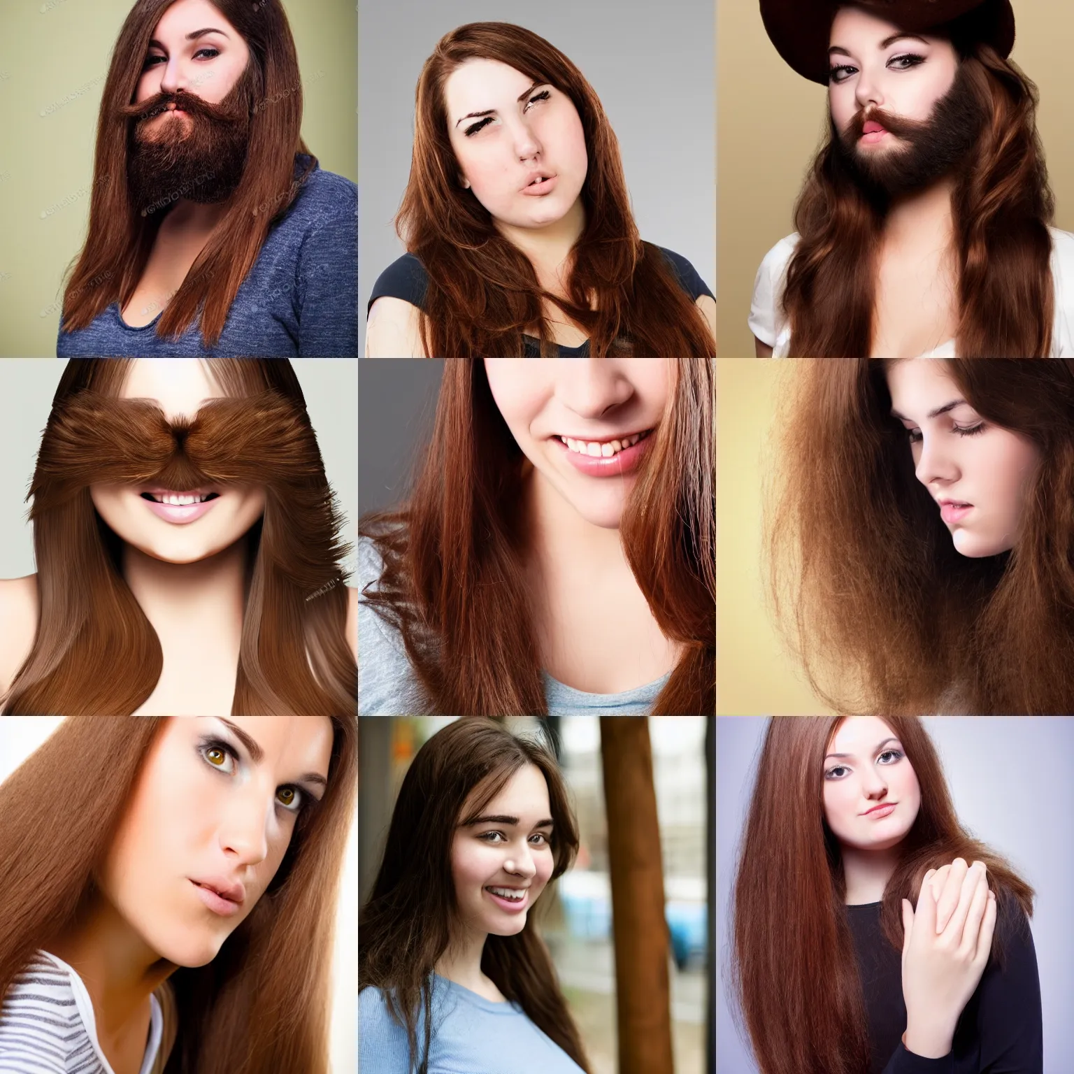 Prompt: very tall hirsute young woman with long brown hair and a chubby face, realistic