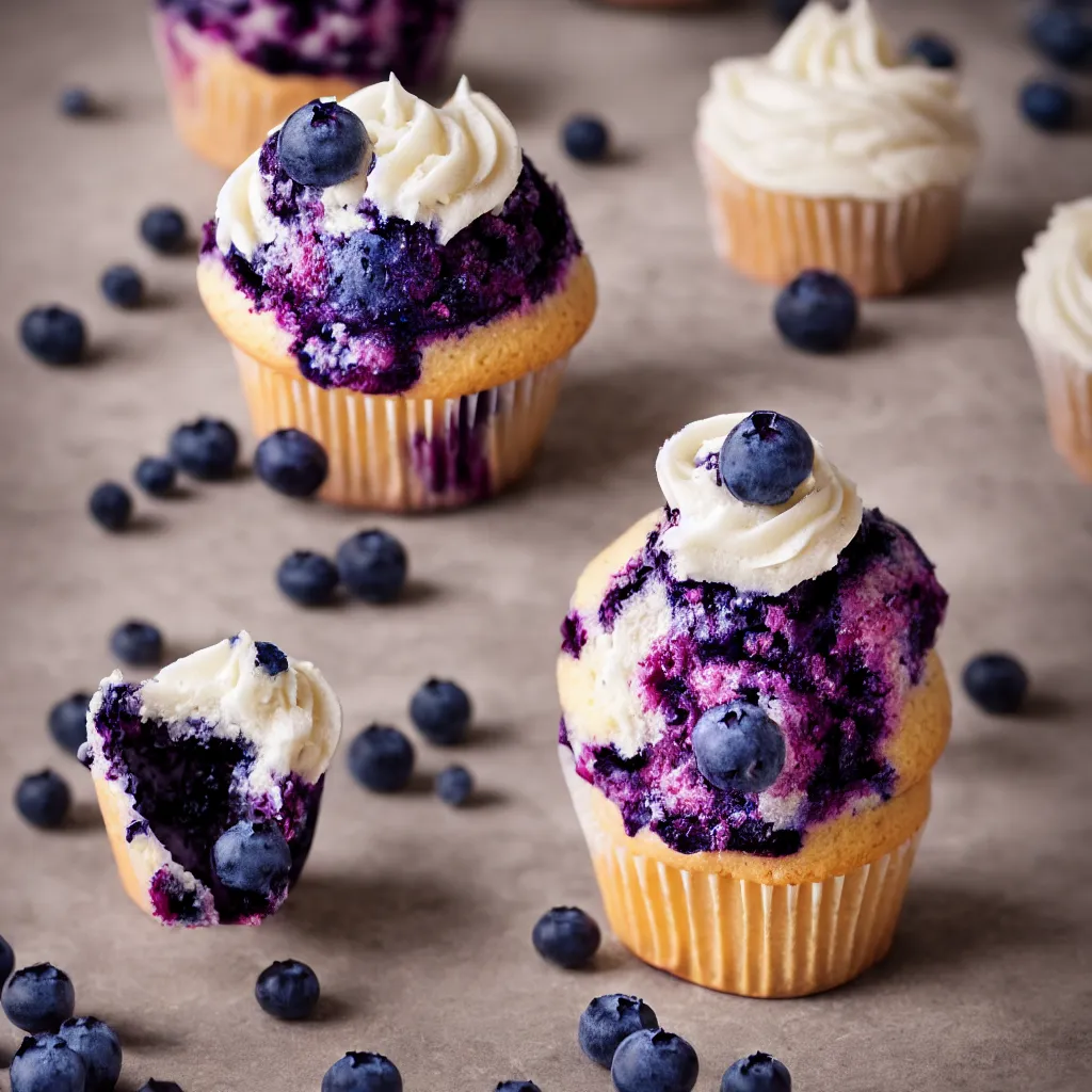 Prompt: blueberry cupcake, dynamic lighting, bokeh, carl zeiss 8 5 mm vintage lens, hyper realistic, award winning food photography