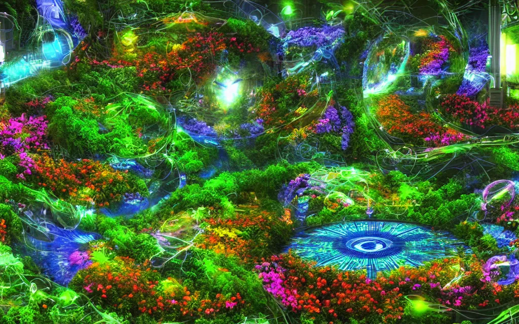 Image similar to techno - spiritual utopian futurist garden, perfect future, award winning digital art