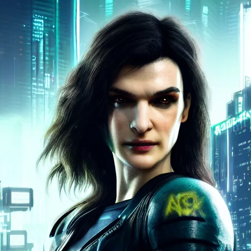 Image similar to rachel weisz portrait, Cyberpunk 2077, cyberpsycho, photorealistic, ultra detailed, neon, octane, bokeh, cyber, cyberpunk city, feature, scars, cyberface, 8k