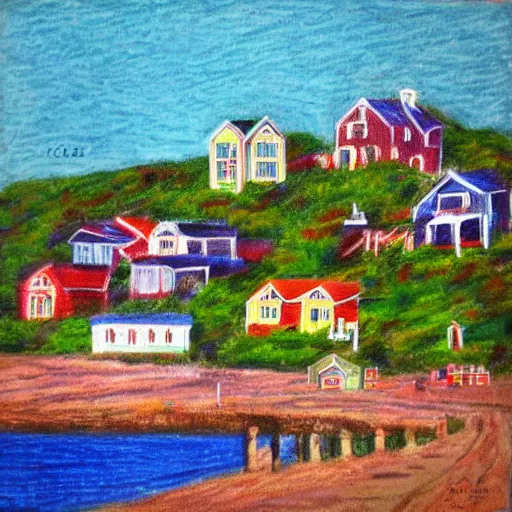 Image similar to “an idyllic, charming New England town by the seaside with colorful buildings, oil pastel”