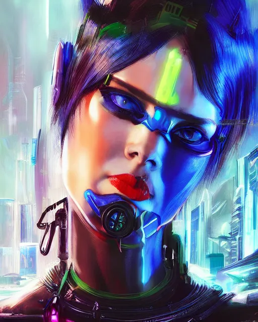 Prompt: a stunning portrait of a cyberpunk queen. she has short neon colored hair and blue eyes. she's a cyberpunk 2 0 7 7 character. digital art by frank frazetta and julie bell, medium shot portrait, highly detailed, trending on artstationhq