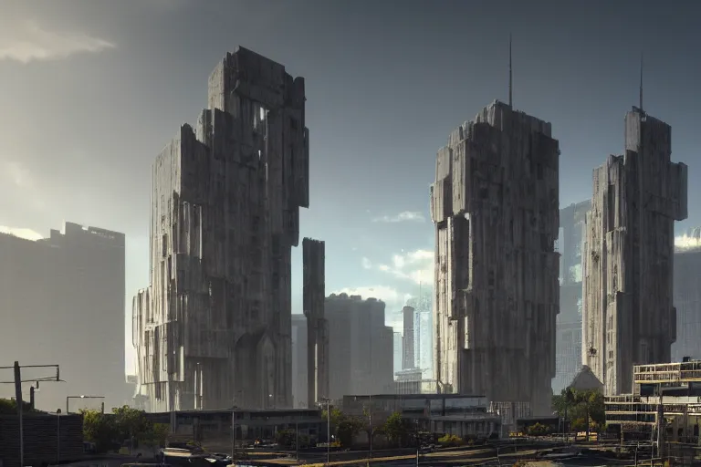 Image similar to streetscape, a towering cathedral of brutalist architecture, buildings covered with greebles, stunning volumetric light, sunset, metal, concrete and translucent material, stunning skies, majestic landscape, trending on Artstation, 8k, photorealistic, hyper detailed, unreal engine 5, IMAX quality, cinematic, epic lighting, in the style of Greg Rutkowski