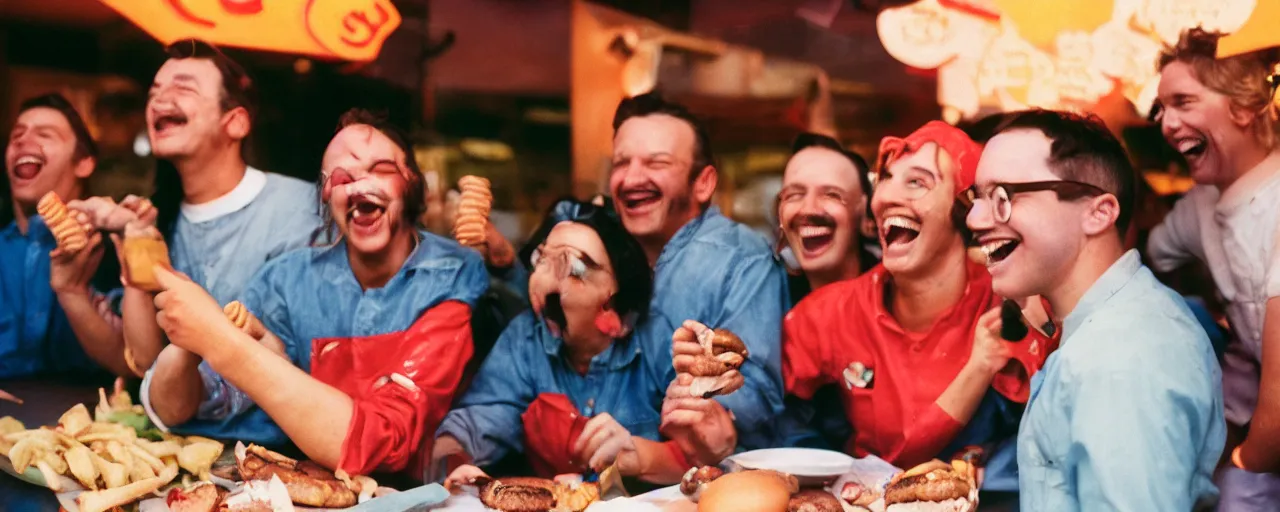 Image similar to a group of people laughing at a man with hamburgers for ears, canon 5 0 mm, cinematic lighting, photography, retro, film, kodachrome, closeup