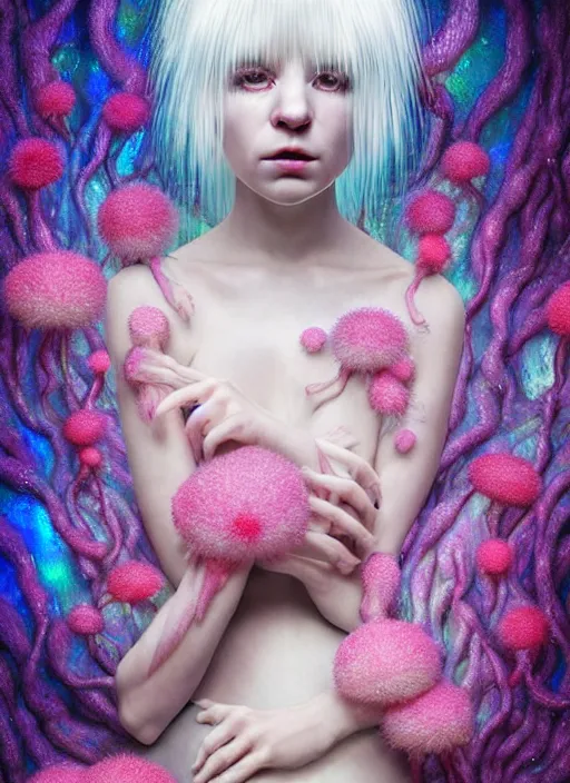 Image similar to hyper detailed 3d render like a Oil painting - kawaii portrait Aurora (white haired Singer Ferret) seen Eating of the Strangling network of yellowcake aerochrome and milky Fruit and Her delicate Hands hold of gossamer polyp blossoms bring iridescent fungal flowers whose spores black the foolish stars by Jacek Yerka, Mariusz Lewandowski, Houdini algorithmic generative render, Abstract brush strokes, Masterpiece, Edward Hopper and James Gilleard, Zdzislaw Beksinski, Mark Ryden, Wolfgang Lettl, hints of Yayoi Kasuma, octane render, 8k