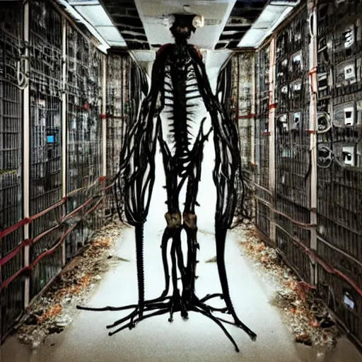 Prompt: “ugly filthy gross fleshy raw meat insectoid cybernetic mummy horse standing in a filthy dirty small server room filled with garbage and networking cables. David Cronenberg. Body horror style. 35mm.”