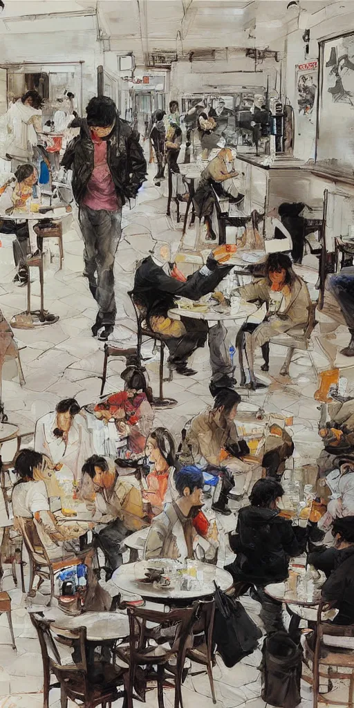 Image similar to oil painting scene from cafe by kim jung gi