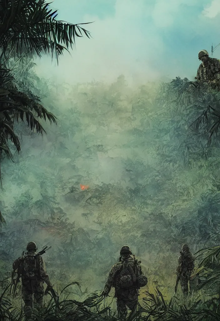 Image similar to handmade illustration of an epic Vietnam war scene with a few american soldiers walking, the jungle at the background, some smoke and fire, blue sky with dramatic clouds, line art, ink, watercolor by Kilian Eng and by Jake Parker, heavy brushstrokes, winning-award masterpiece, fantastic, octane render, 8K HD Resolution, High quality image