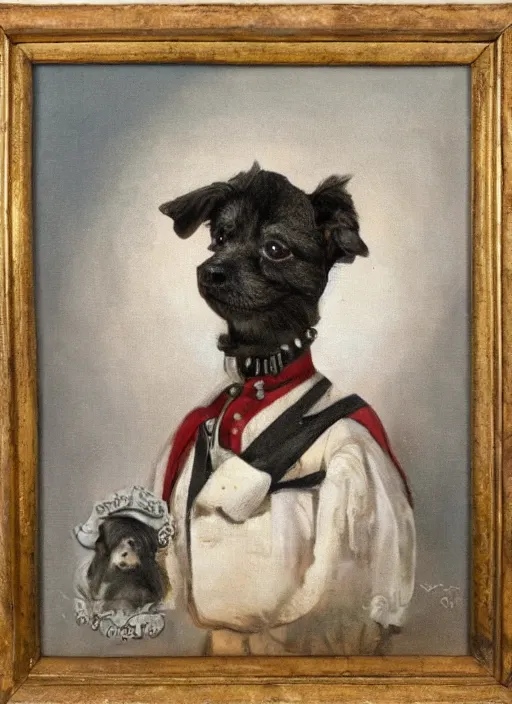 Image similar to an oil portrait of a little dog dressed as a 1 9 th century german general