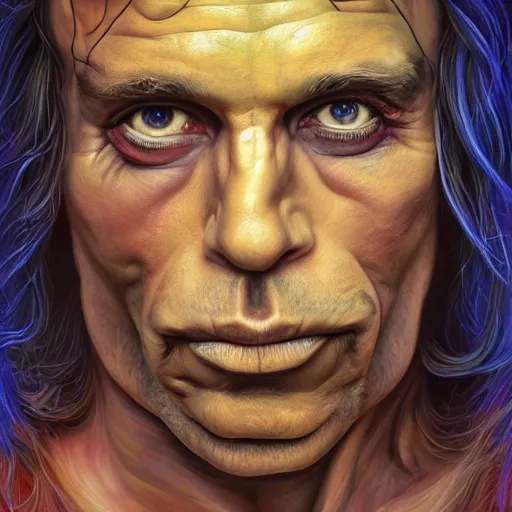 Image similar to an extremely psychedelic portrait of ronnie james dio, surreal, lsd, face, detailed, intricate, elegant, lithe, highly detailed, digital painting, artstation, concept art, smooth, sharp focus, illustration