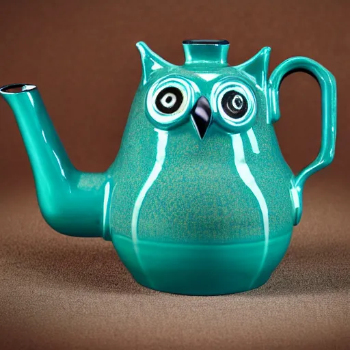 Prompt: still life photograph of an owl kettle with a teal handle, glazed ceramic, tilt shift, very beautiful, global illumination, intricate linework, short spout