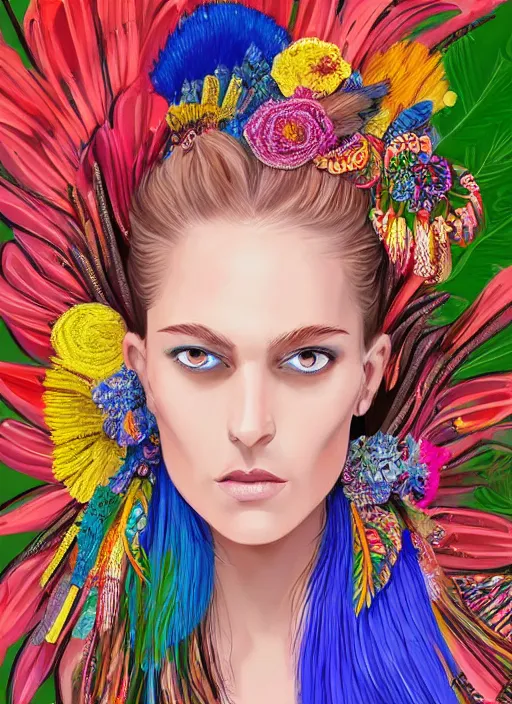 Prompt: beautiful portrait of a super model wearing fantastic dress,embellished beaded feather decorative fringe knots ,colorful pigtail,subtropical flowers and plants,perfect symmetrica body shape,symmetrical face,intricate,elegant,highly detailed,8k,post-processing,digital painting,trending on pinterest,harper's bazaar,concept art, sharp focus, illustration, by artgerm,Tom Bagshaw,Lawrence Alma-Tadema,greg rutkowski,Alphonse Mucha,golden ratio