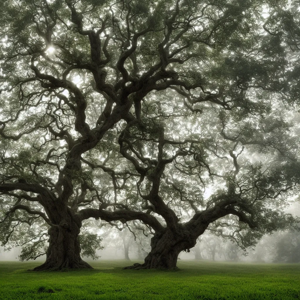 Image similar to old oak tree with one thick trunk with big tree hollow with rope ladder hanging down from the tree hollow, with foliage in four seasons colors, the tree is growing on a meadow, partially covered with morning fog, cinematic lighting, photo realistic image, 4K, super detailed, cinematic look