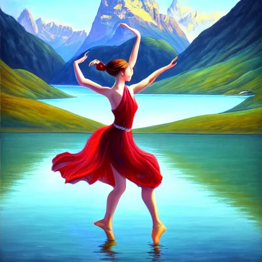 Image similar to a painting of a young woman dancing in front of a beautiful lake in switzerland, mountains on the background, high quality oil painting artstyle, feminine, delicate, hyperdetailed, in the style of artgerm, deviantart, figurative art, deviantart, ilya kuvshinov, lovecraftian