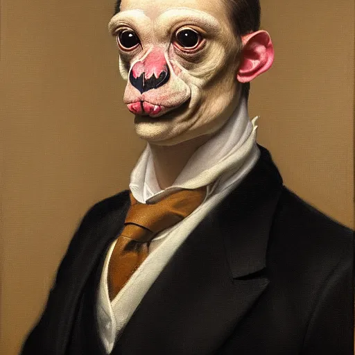 Prompt: portrait of mr. amazon milk frog looking off camera wearing a black suit jacket, tan vest, and white ascot, an american romanticism painting, a portrait painting, cgsociety, soft focus, oil on canvas