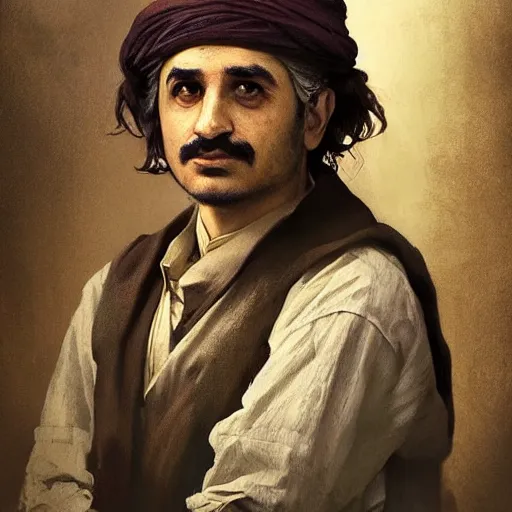 Image similar to a portrait of a Kurdish Albert Einstein in Kurdish clothes by Greg Rutkowski, digital art, horror, chiaroscuro, trending on artstation, anime arts, featured on Pixiv, HD, 8K, highly detailed, good lighting, beautiful, epic, masterpiece