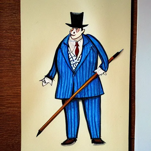 Prompt: A drawing of an overweight man in a blue pinstripe suit with a fancy cane standing on the bow of a ship, drawn, dungeons and dragons, sketch, art