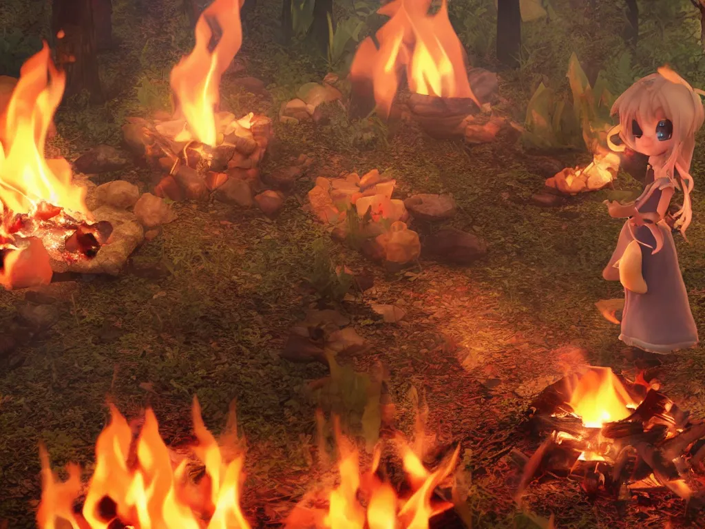 Image similar to cute fumo plush pyromaniac girl giddily starting a fire in the forest, campfire, flames, warm glow and volumetric smoke vortices, vray