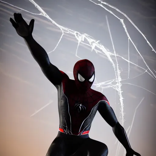 Image similar to black spider - man suit with white web lining, cinematic, volumetric lighting, realistic, hyperdetailed, photorealistic, photograph