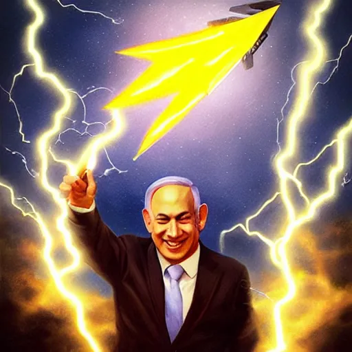 Prompt: portrait of benjamin netanyahu grinning while holding lightning bolts, by artgerm and greg rutkowski