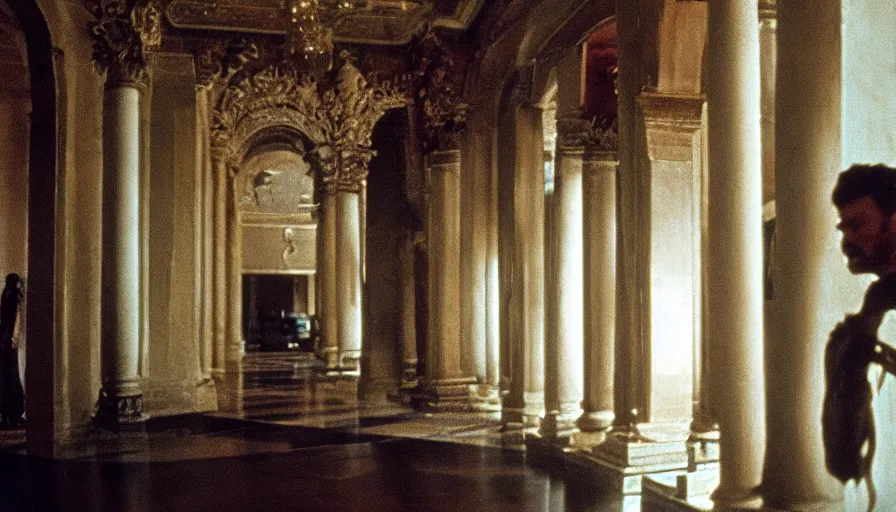 Image similar to movie still by tarkovsky of caligula knifed to death by senators on huge stairs, cinestill 8 0 0 t 3 5 mm, high quality, heavy grain, high detail, dramatic light, ultra wide lens, anamorphic