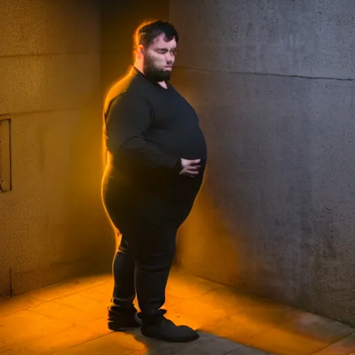 Prompt: goth man with a heavily pregnant belly and black shaggy hair, dramatic lighting