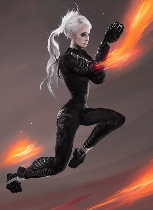 Image similar to a highly detailed illustration of fierce ponytail platinum blonde woman wearing black mma gear and gloves, dramatic muay thai kick stance pose, fairly muscular, athletic, intricate, elegant, highly detailed, centered, digital painting, artstation, concept art, smooth, sharp focus, league of legends concept art, WLOP