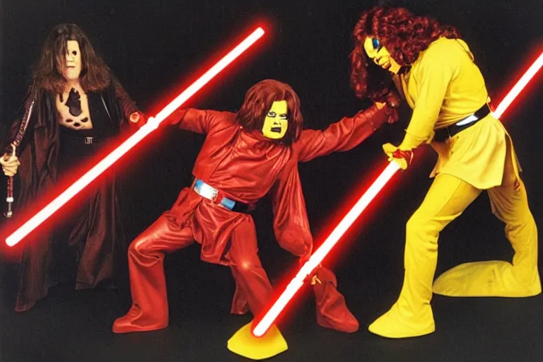 Prompt: ozzy osbourne fighting ronald mcdonald in a lightsaber duel