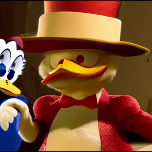 Image similar to hyperrealistic cgi Scrooge McDuck from Ducktales live-action movie still 8k hdr amazing lighting