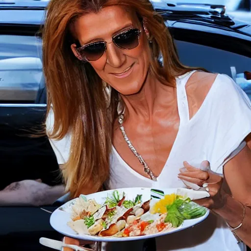 Image similar to celine dion eating lobster, outside in parking lot