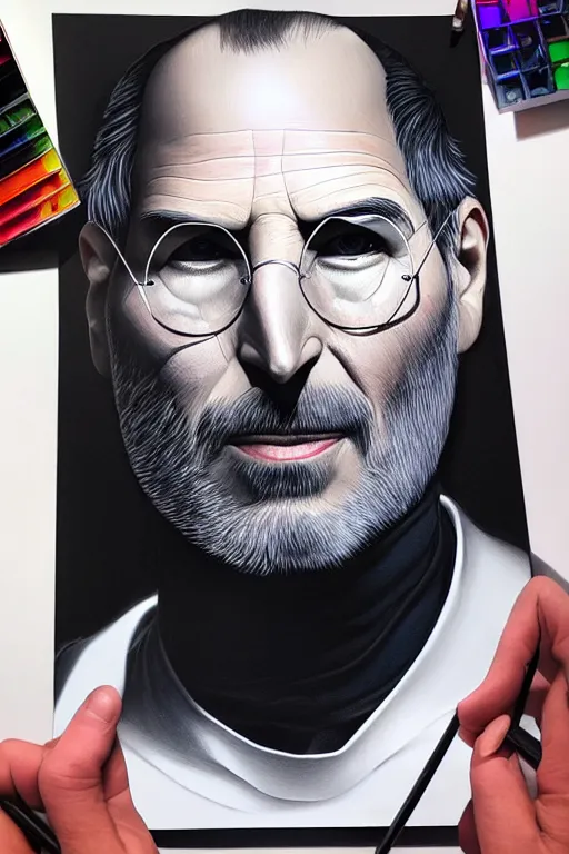 Image similar to ultra realistic illustration, steve jobs, apple, sci - fi, fantasy, intricate, highly detailed, digital painting, artstation, concept art, smooth, sharp focus, illustration, art by artgerm and drew struzan