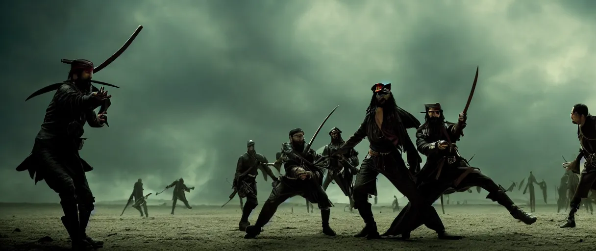 Prompt: pirates fighting angels of God, cinematic atmosphere, maximized, high detail, 8k, ornate, dark fantasy, masterpiece, complex, film still from the movie directed by Denis Villeneuve